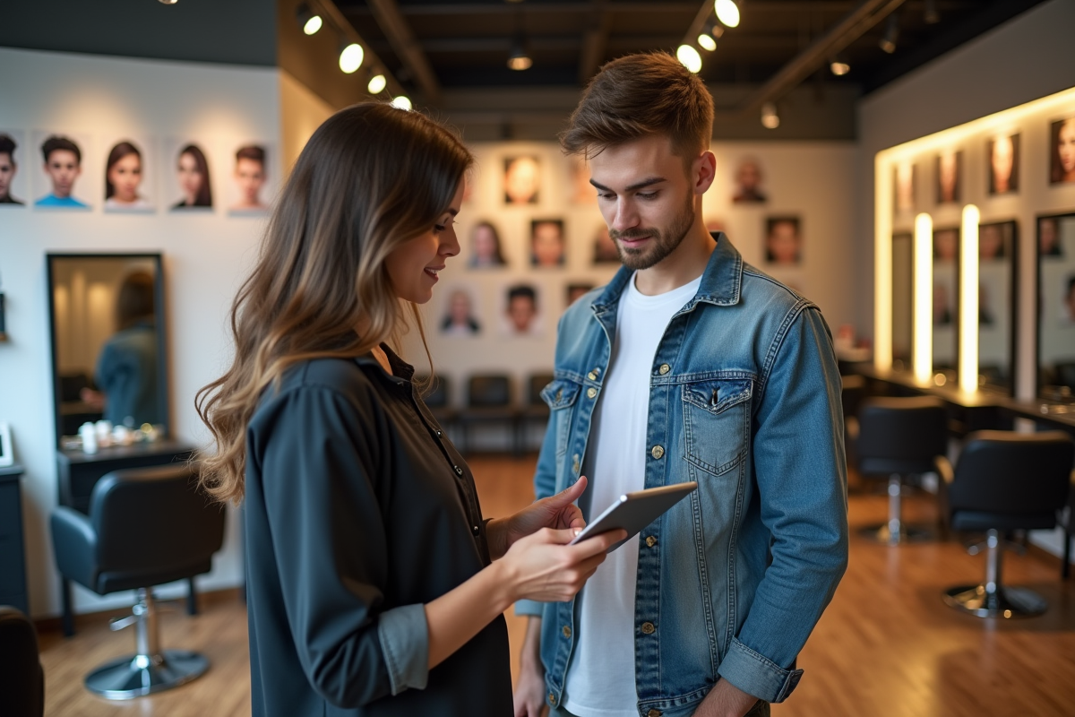 Jeune homme dans un salon de coiffure moderne avec stylistes