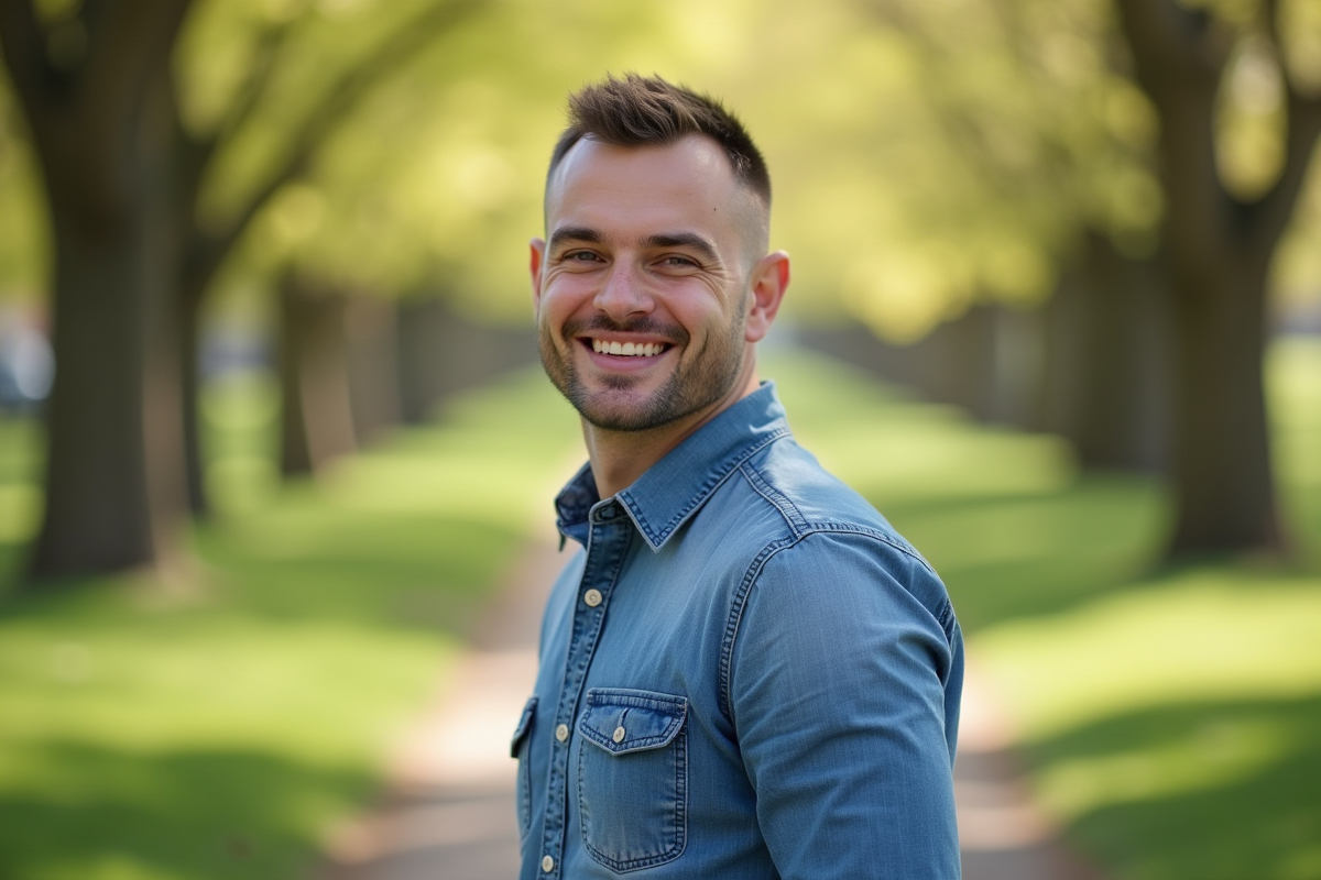 Jeune homme souriant dans un parc au printemps