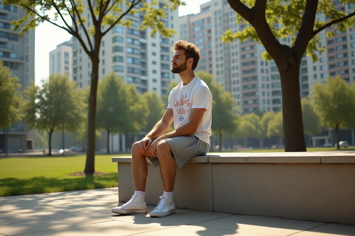 Jeune homme en plein air avec jupe plissée et t-shirt graphique