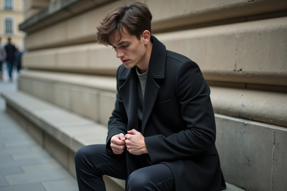 Jeune homme examine la poche de son manteau en ville