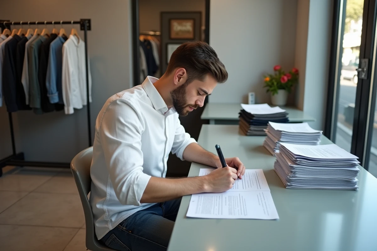 Jeune homme remplissant un formulaire dans une boutique de retouches