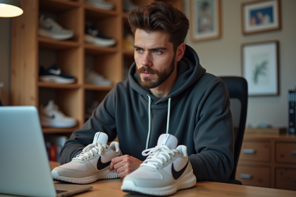 Jeune homme examinant des sneakers dans un bureau à domicile