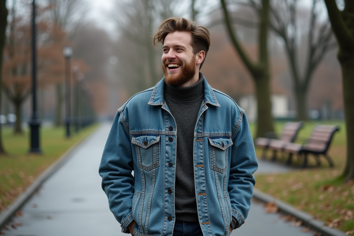 Jeune homme en veste en denim vintage dans un parc en hiver