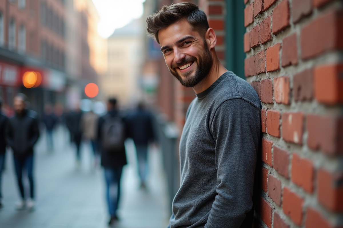 Jeune homme souriant dans la rue urbaine