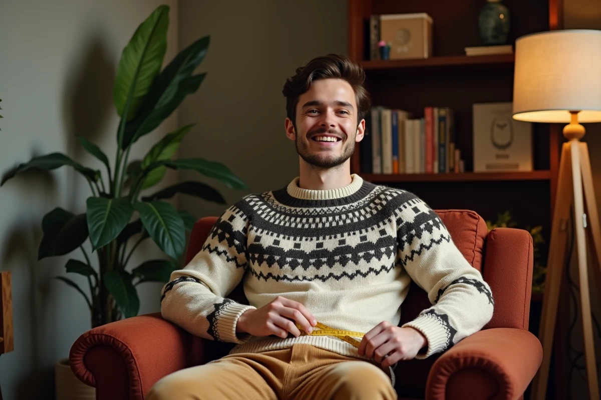 Jeune homme mesurant sa taille avec un vêtement vintage