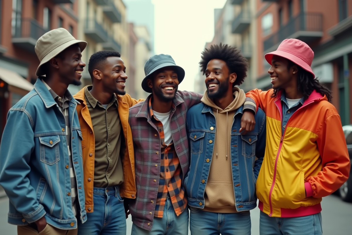 Groupe de jeunes adultes dans une rue urbaine des années 90