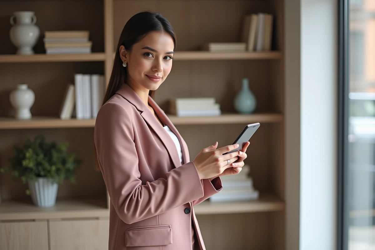Jeune femme élégante consultant les offres soldes JOHANNA Paris sur smartphone dans un bureau moderne et minimaliste