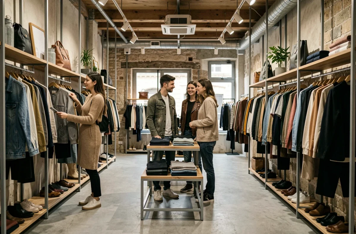 Boutique mixte John Mood à Avignon avec des collections hommes et femmes cohabitant dans un espace au design urbain contemporain