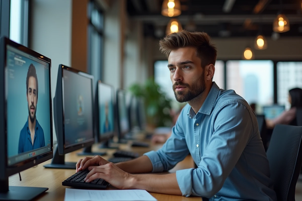 Journaliste masculin concentré dans une salle de rédaction moderne, analysant des images pixelisées d'un visage inconnu sur un grand écran de recherche