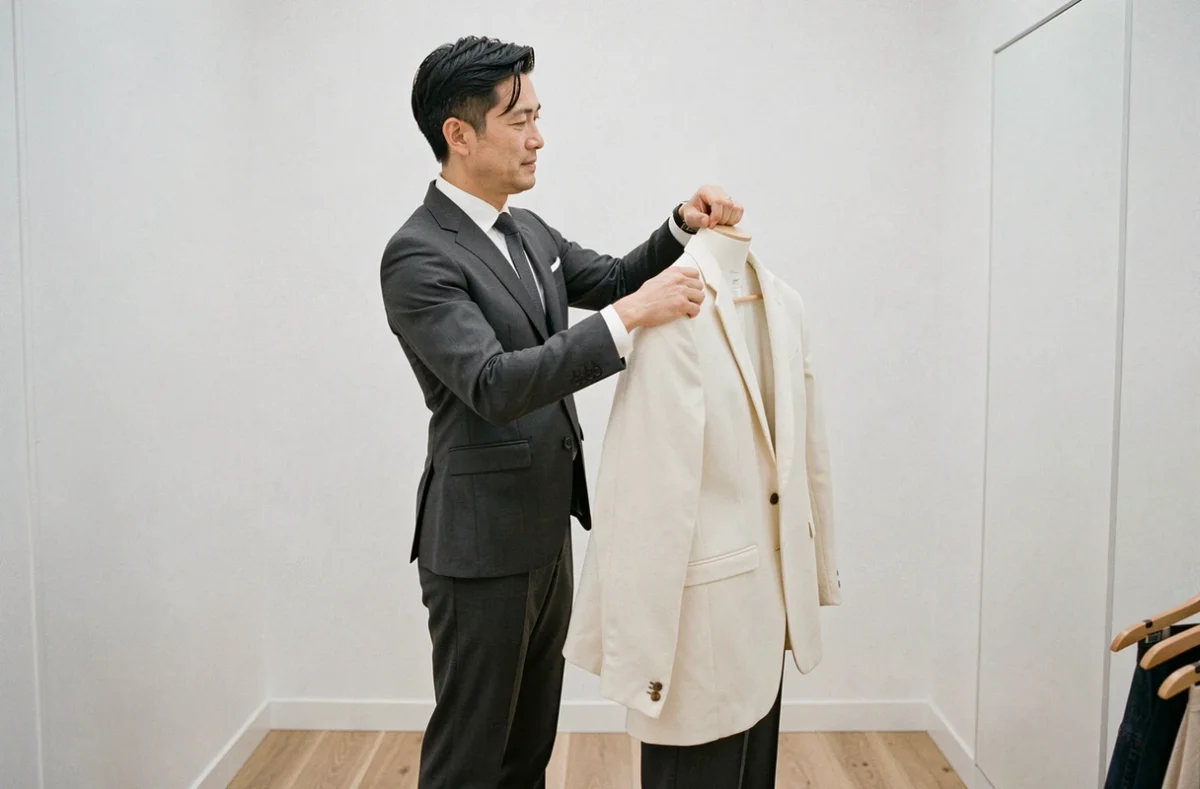 Tailleur japonais ajustant une veste de coupe napolitaine sur un client dans un atelier parisien épuré
