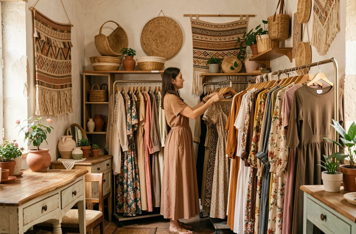 Intérieur douillet et éclectique du Nid à Avignon avec des vêtements bohèmes exposés sur des meubles vintage dans une atmosphère chaleureuse et intimiste