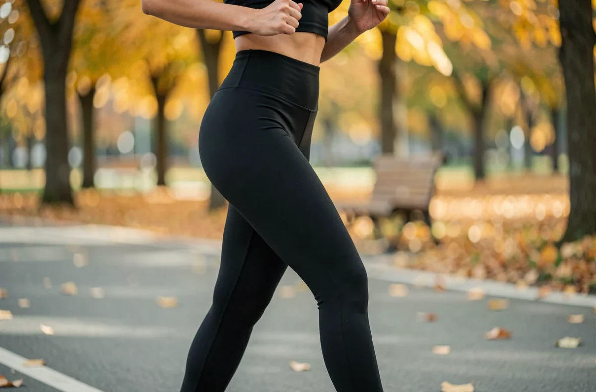 Femme en legging de sport Leonie and co en train de courir sur un chemin de parc en automne, vue latérale en action