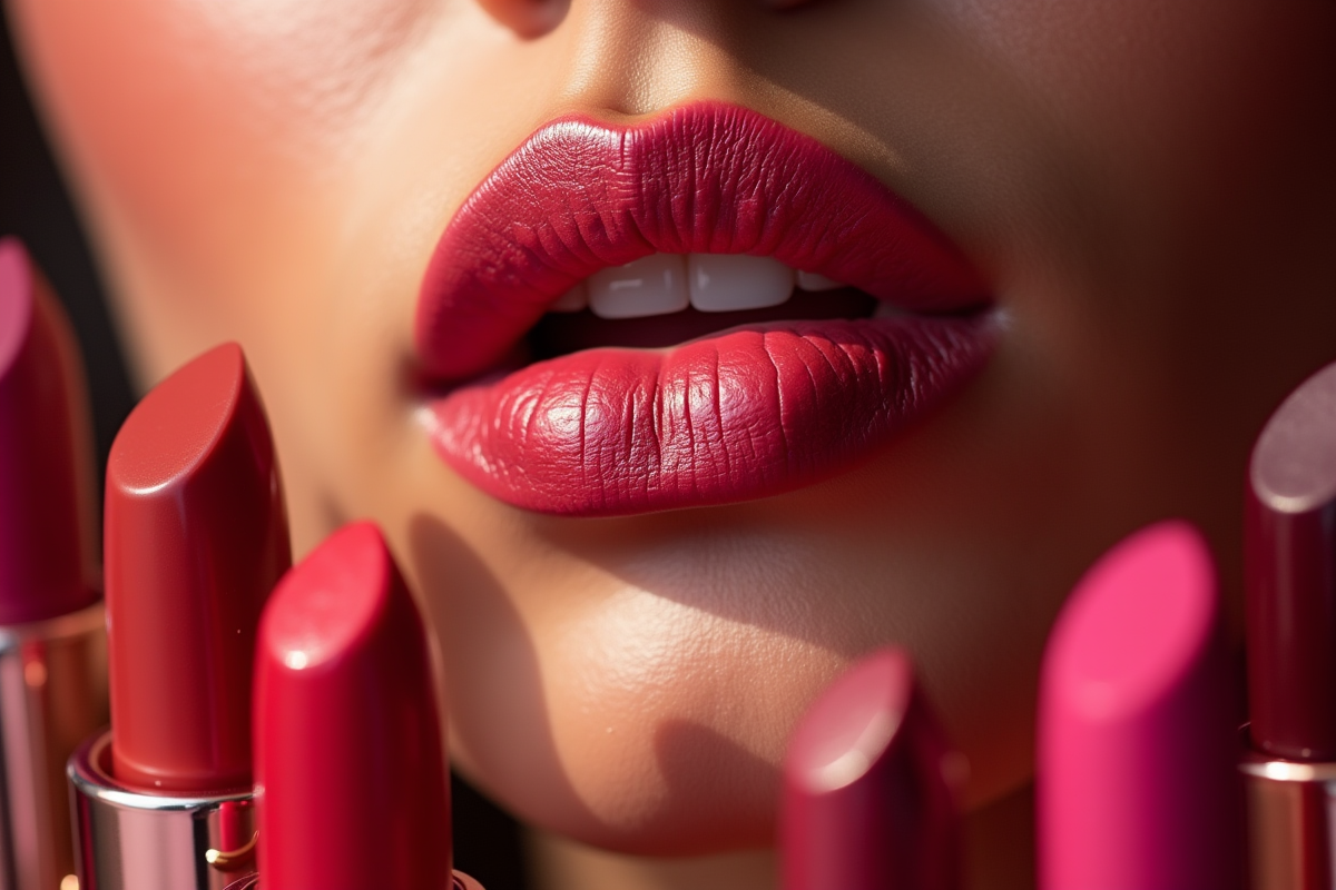 Lèvres d'une femme avec rouge à lèvres vif contrastant avec sa peau