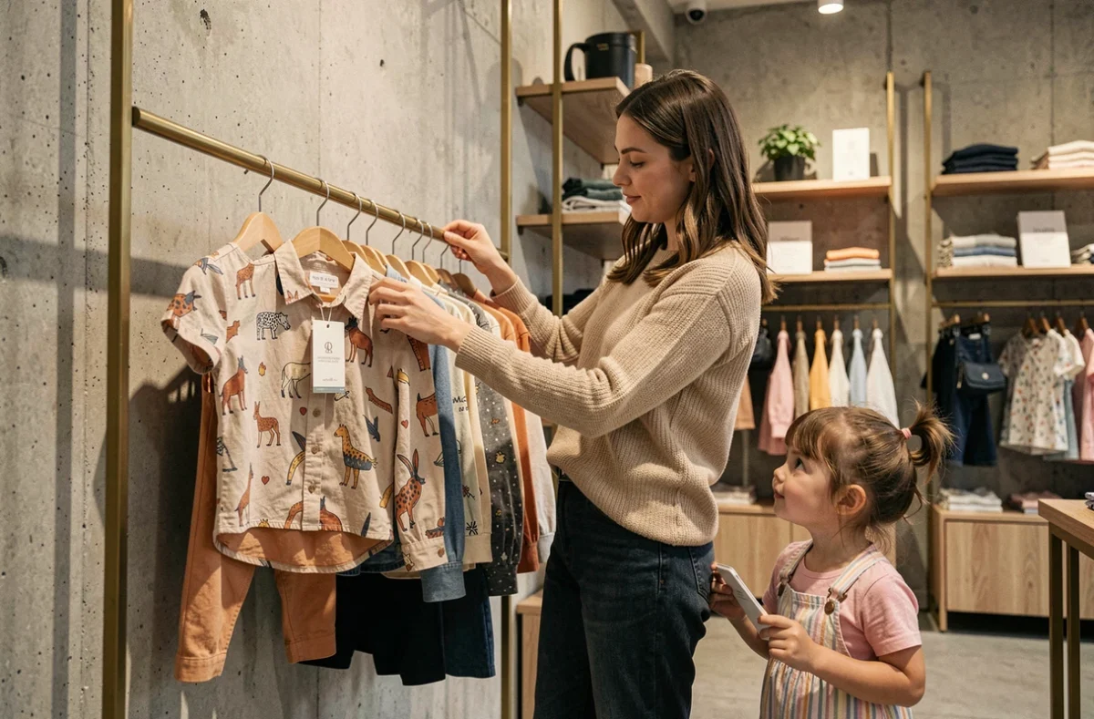 Une mère et sa fille dans la boutique multimarques tendance Lola Kids dans le 2e arrondissement de Lyon