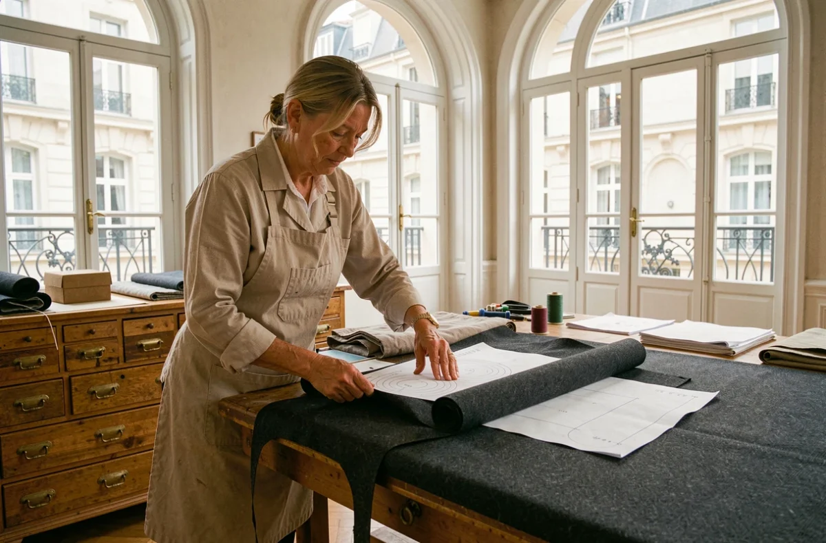 Tailleuse traçant un patron de costume sur mesure dans son atelier de Versailles aux fenêtres en arc
