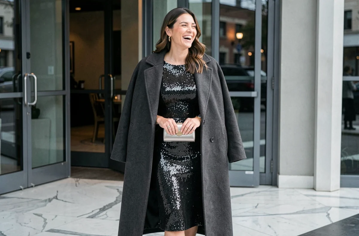 Femme portant un manteau cachemire gris sur une robe à sequins noire pour une soirée du Nouvel An