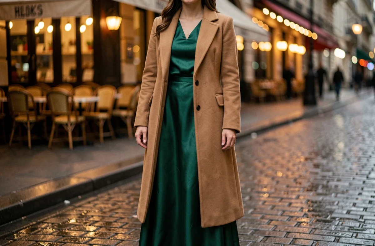 Femme en robe de soirée verte sous un manteau camel élégant pour le Nouvel An à Paris