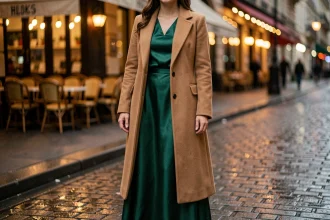 Femme en robe de soirée verte sous un manteau camel élégant pour le Nouvel An à Paris