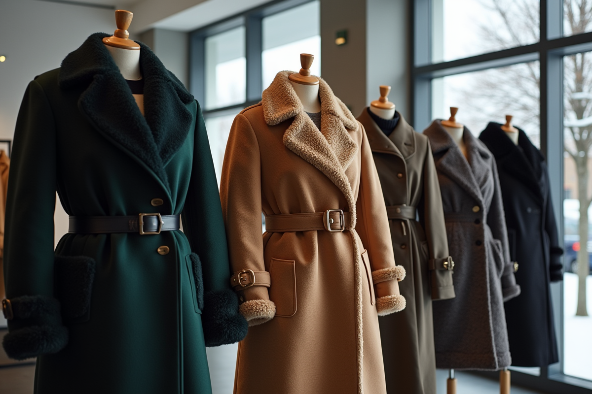 Manteaux de luxe en boutique avec textures détaillées