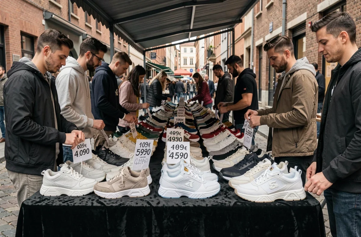 Marché de revente de baskets de luxe en plein air avec des modèles en édition limitée affichant des prix élevés