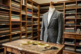 Atelier de tailleur sur mesure parisien avec tissus, mannequin et outils de couture traditionnels