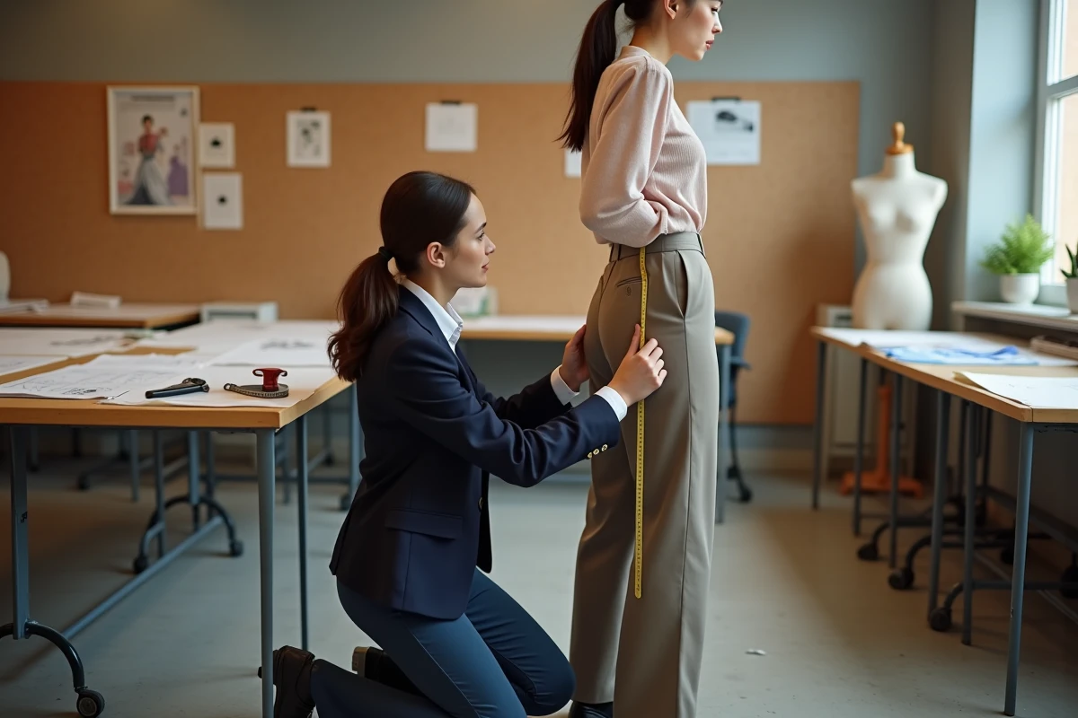 Étudiante en stylisme mesurant les hanches d'un mannequin dans un studio de mode