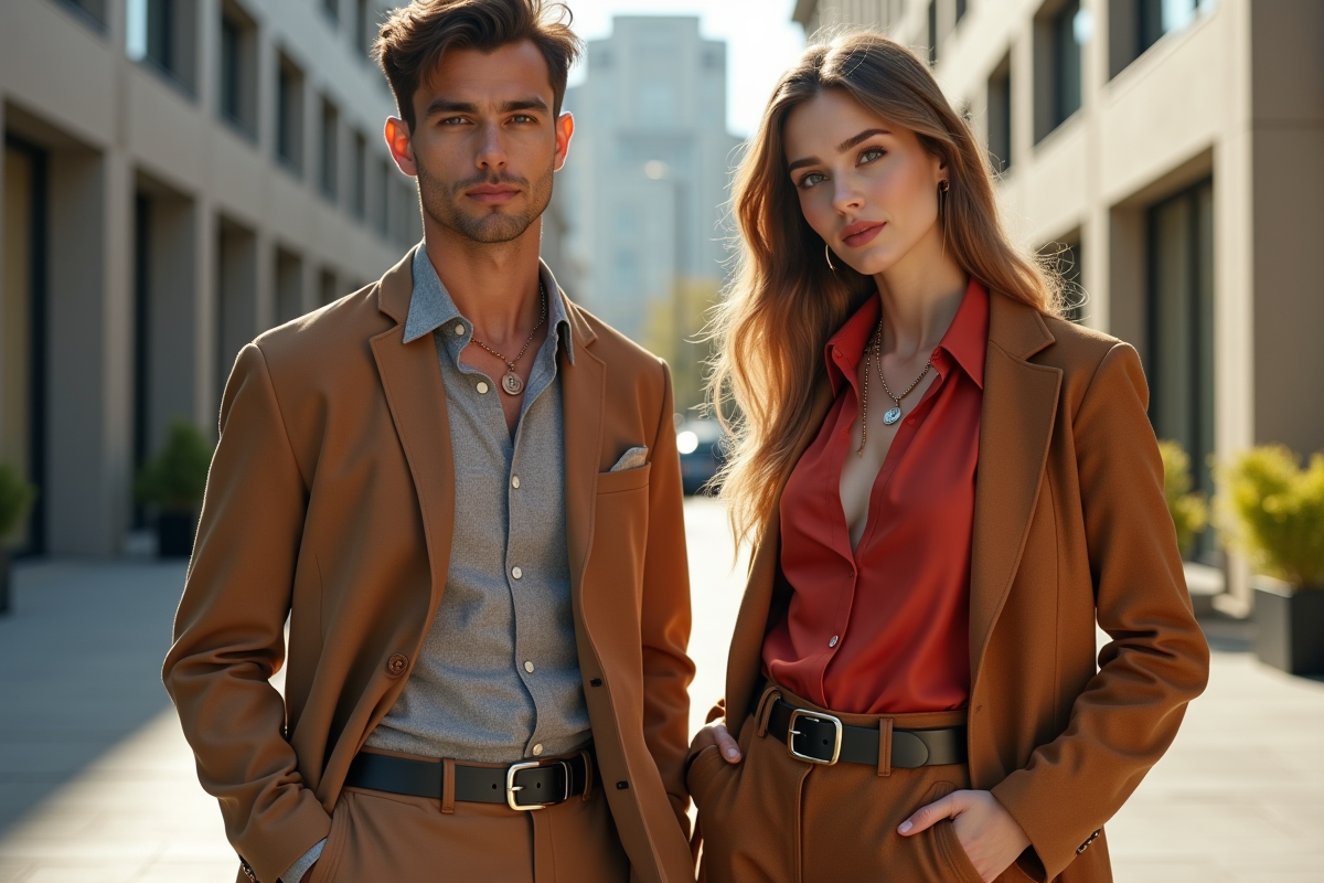 Homme et femme portant des ceintures de styles contrastés en ville