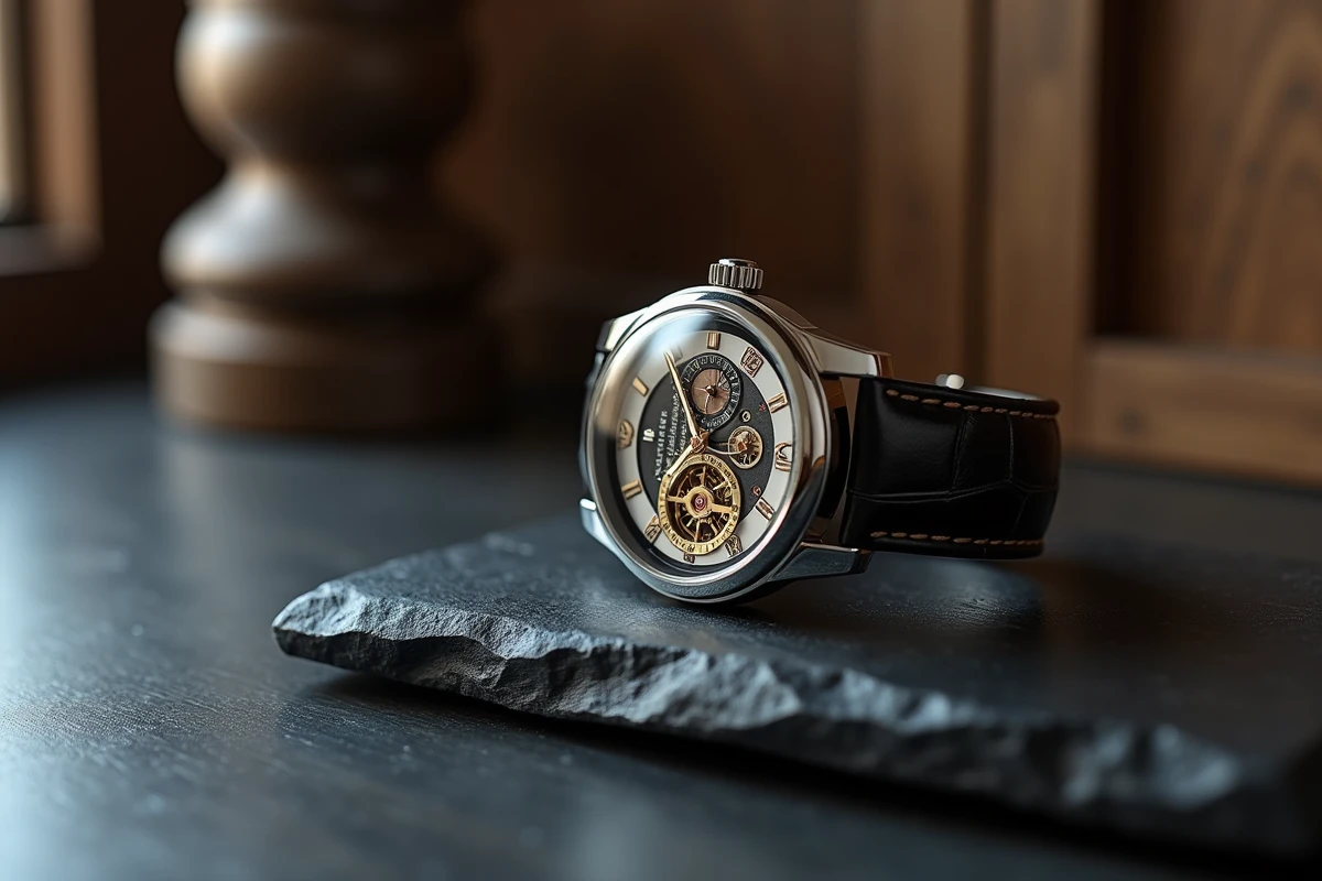 Montre mécanique squelettisée de luxe posée sur ardoise avec bracelet en alligator