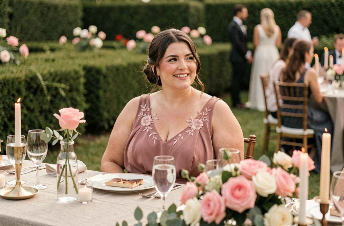 Femme à morphologie poire en robe invitée chiffon rose poudré coupe A lors d'une réception de mariage en jardin