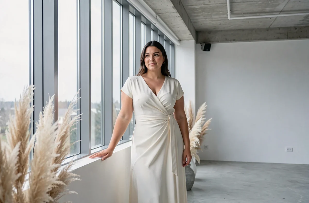 Femme à morphologie rectangulaire portant une robe portefeuille maxi en crêpe ivoire dans un lieu de mariage contemporain minimaliste