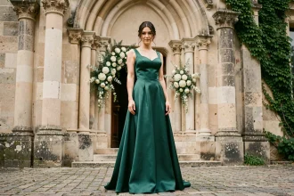 Femme à morphologie sablier portant une robe de soirée ajustée en satin vert émeraude lors d'un mariage en pierre de campagne française