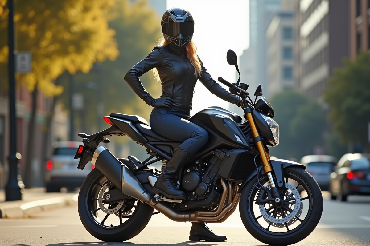 Motocycliste femme confiante avec moto moderne en ville
