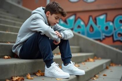 Adolescent portant des Nike Air Force 1 blanches assis sur des marches en béton urbain, vue 3/4 basse mettant en valeur les sneakers tendance 2026