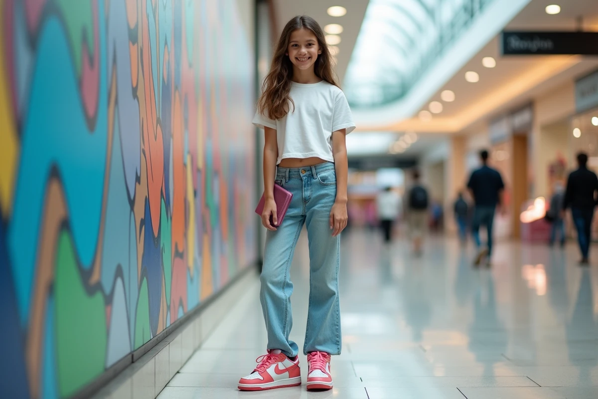 Adolescente souriante portant des Nike Dunk Low pastel dans un centre commercial moderne, look streetwear tendance pour filles en 2026