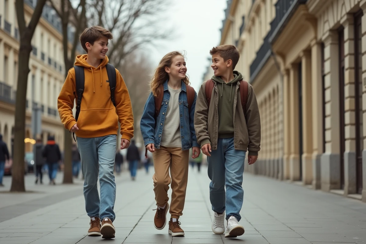 Trois adolescents en Nike sneakers tendance marchant dans une rue urbaine parisienne, vue grand angle streetwear collection 2026