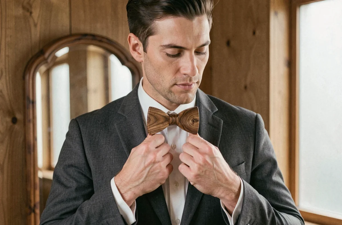 Homme élégant portant un nœud papillon en bois de noyer sur costume gris anthracite, vue en buste dans un dressing en chêne