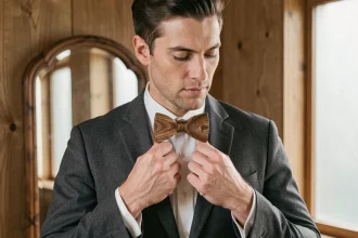 Homme élégant portant un nœud papillon en bois de noyer sur costume gris anthracite, vue en buste dans un dressing en chêne