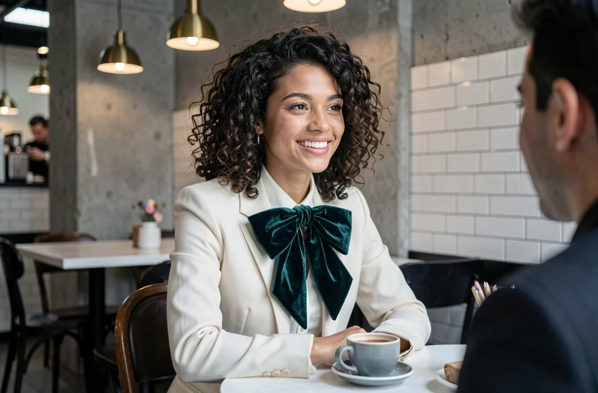 Femme souriante portant un grand nœud papillon en velours bleu sarcelle avec blazer ivoire dans un café parisien contemporain