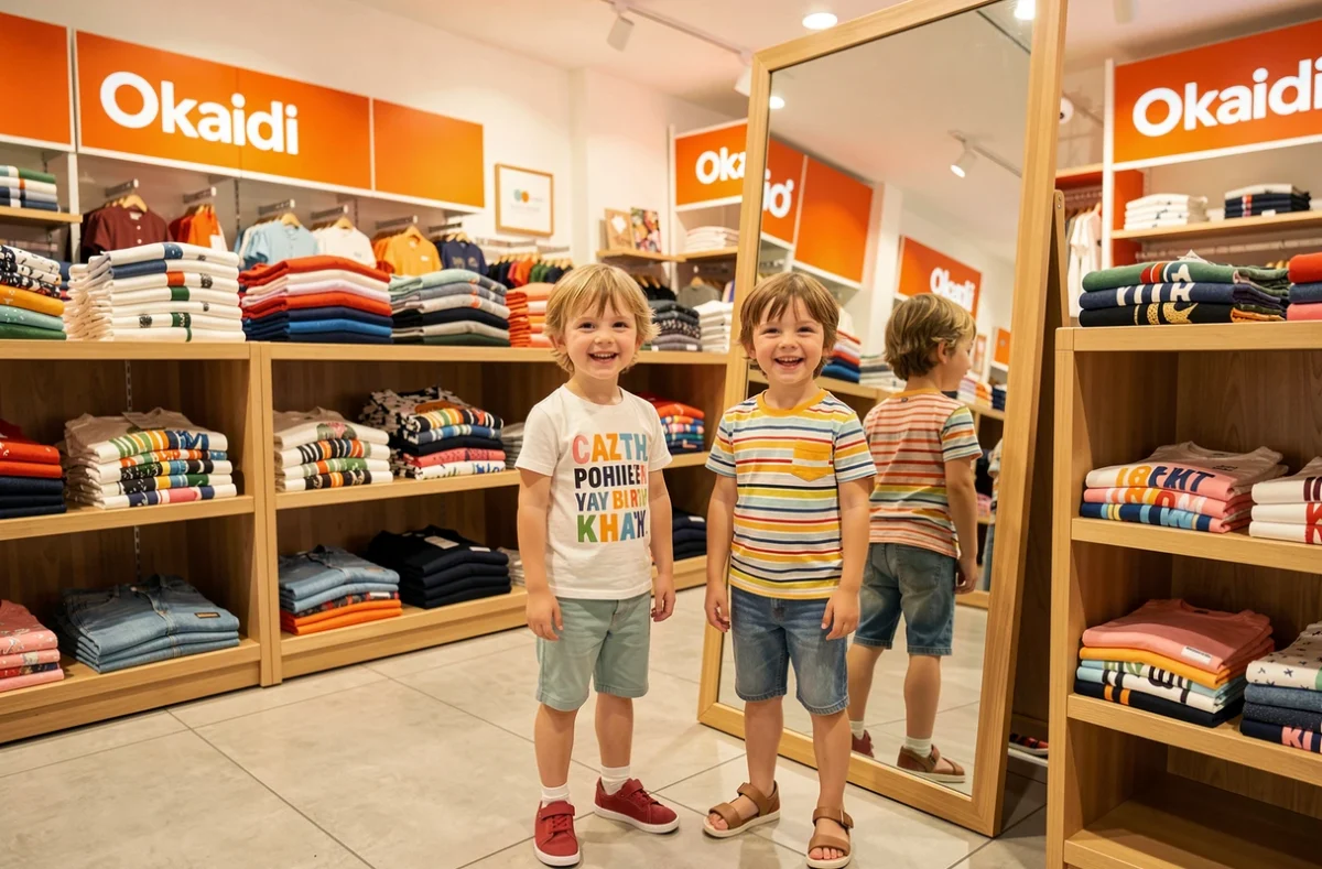 Deux enfants essayant des vêtements colorés dans une boutique Okaidi à Lyon