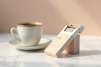 Paquet de cigarettes Vogue slim au design élégant posé sur du marbre blanc avec une tasse à espresso, style minimaliste et raffiné