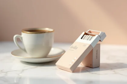 Paquet de cigarettes Vogue slim au design élégant posé sur du marbre blanc avec une tasse à espresso, style minimaliste et raffiné
