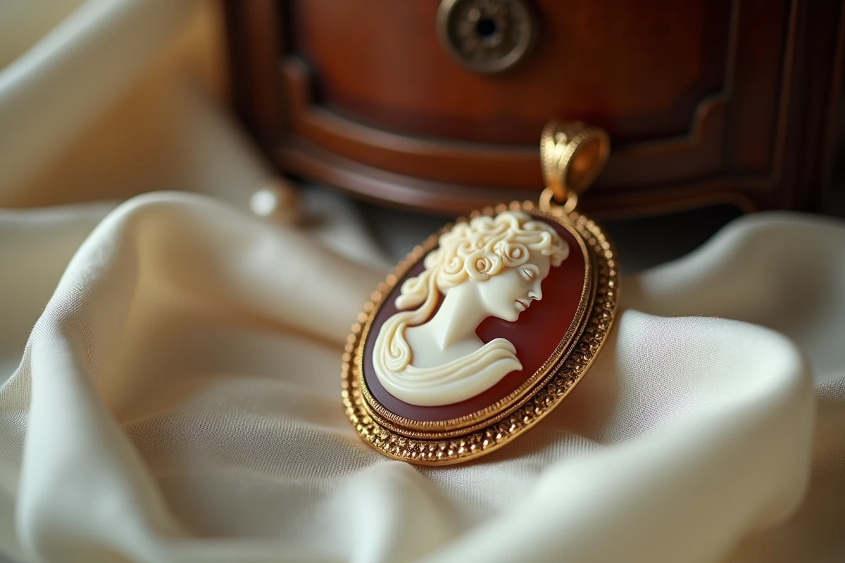 Pendentif camée or vintage en gros plan sur tissu de soie ivoire, détail sculpté d'un profil féminin sur fond bordeaux encadré d'or