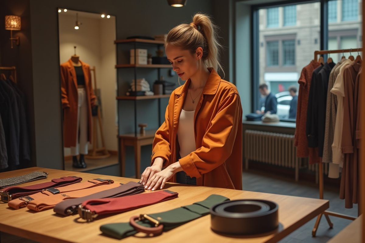 Personne élégante choisissant une ceinture devant un miroir