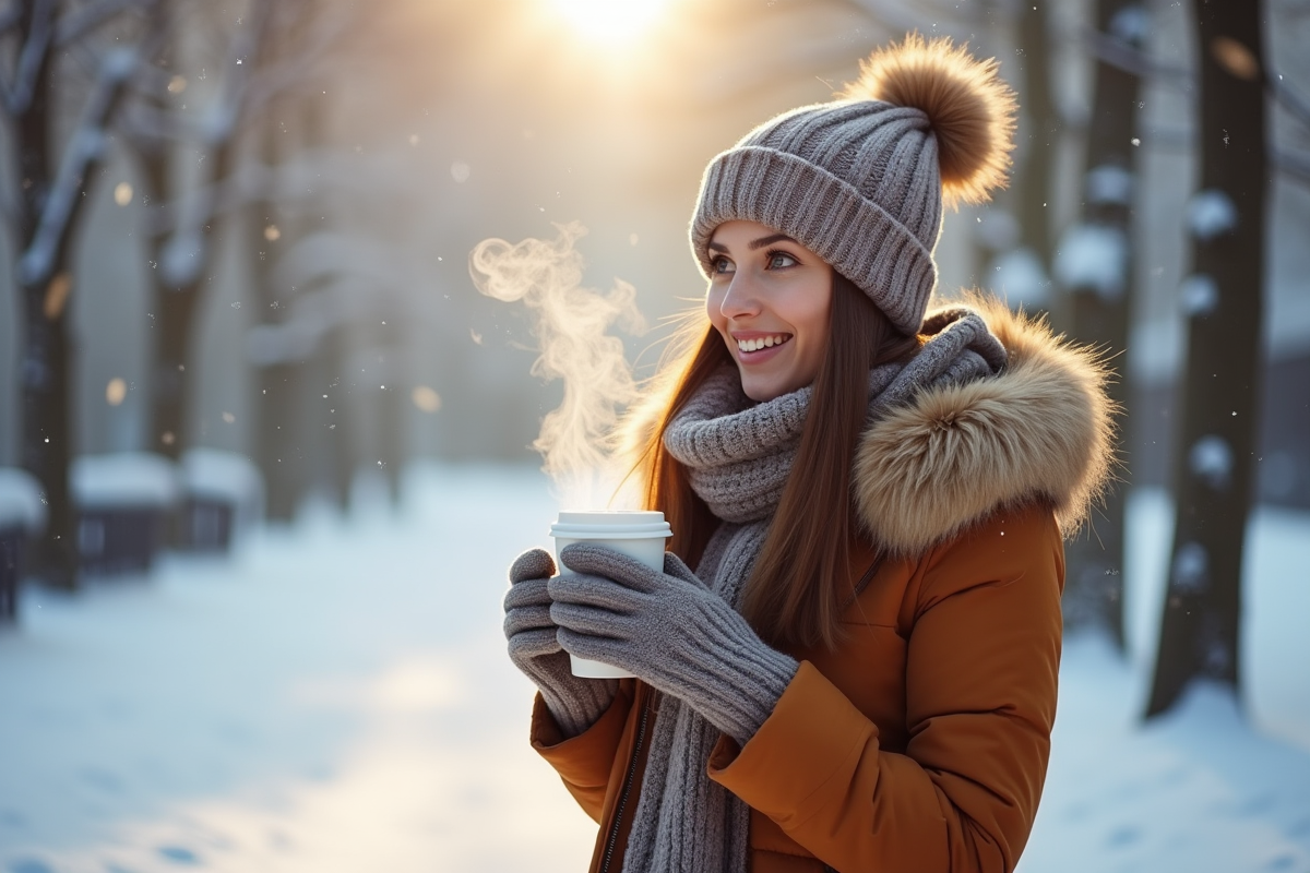 Personne marchant dans la neige avec un manteau chaud et tasse de café