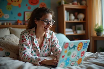 Personne en pyjamas colorés riant en tapant sur un laptop dans une pièce chaleureuse