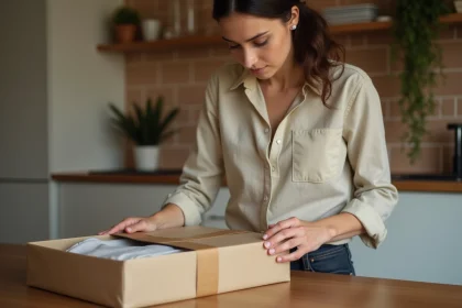 Jeune femme préparant un colis Vinted Go dans sa cuisine en appartement, déposant un vêtement plié dans un emballage kraft sur une table en bois