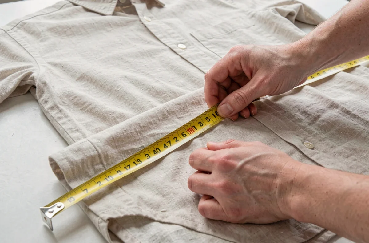 Prise de mesures avec un mètre de couturière sur une chemise en lin