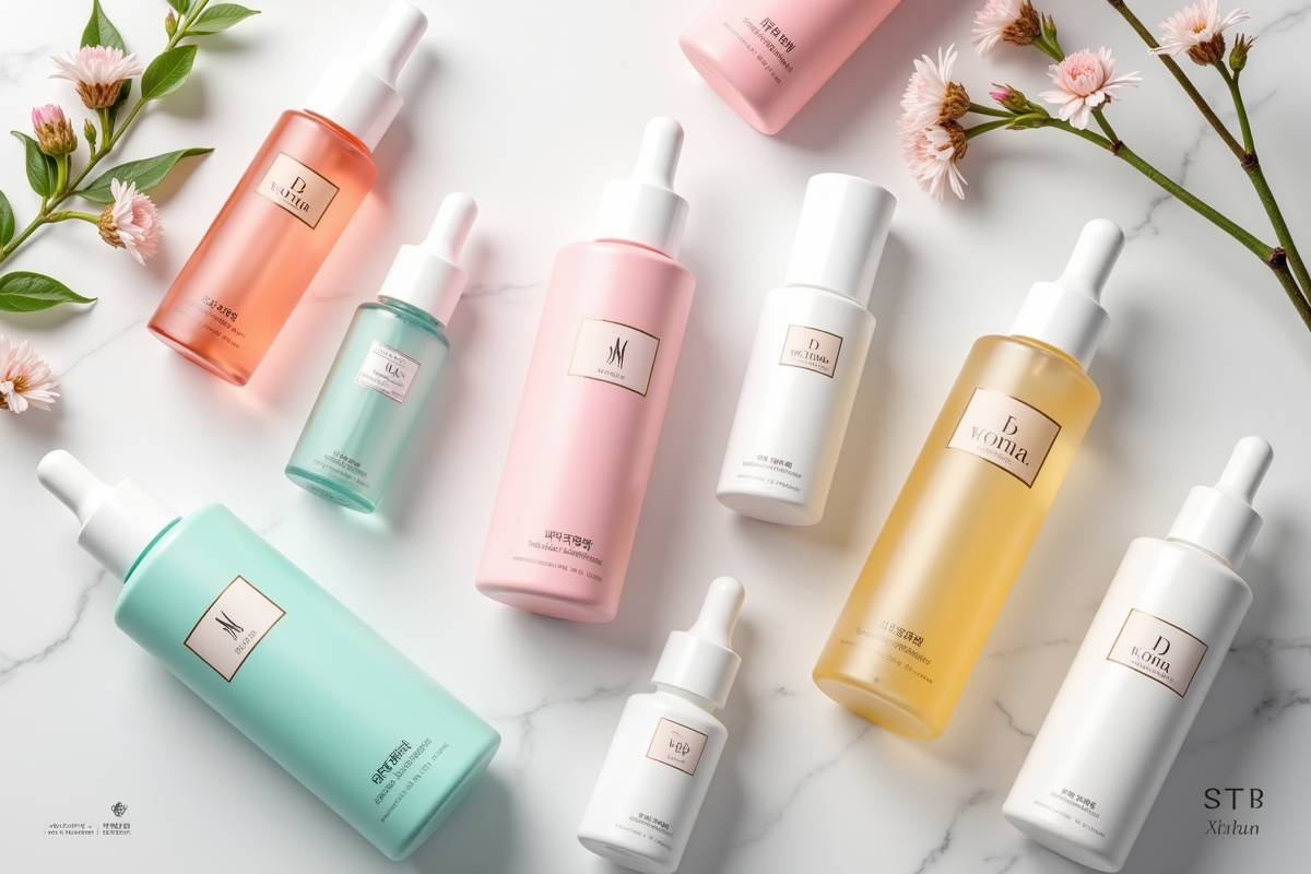 Arrangement de produits de beauté coréens sur une surface en marbre lumineuse