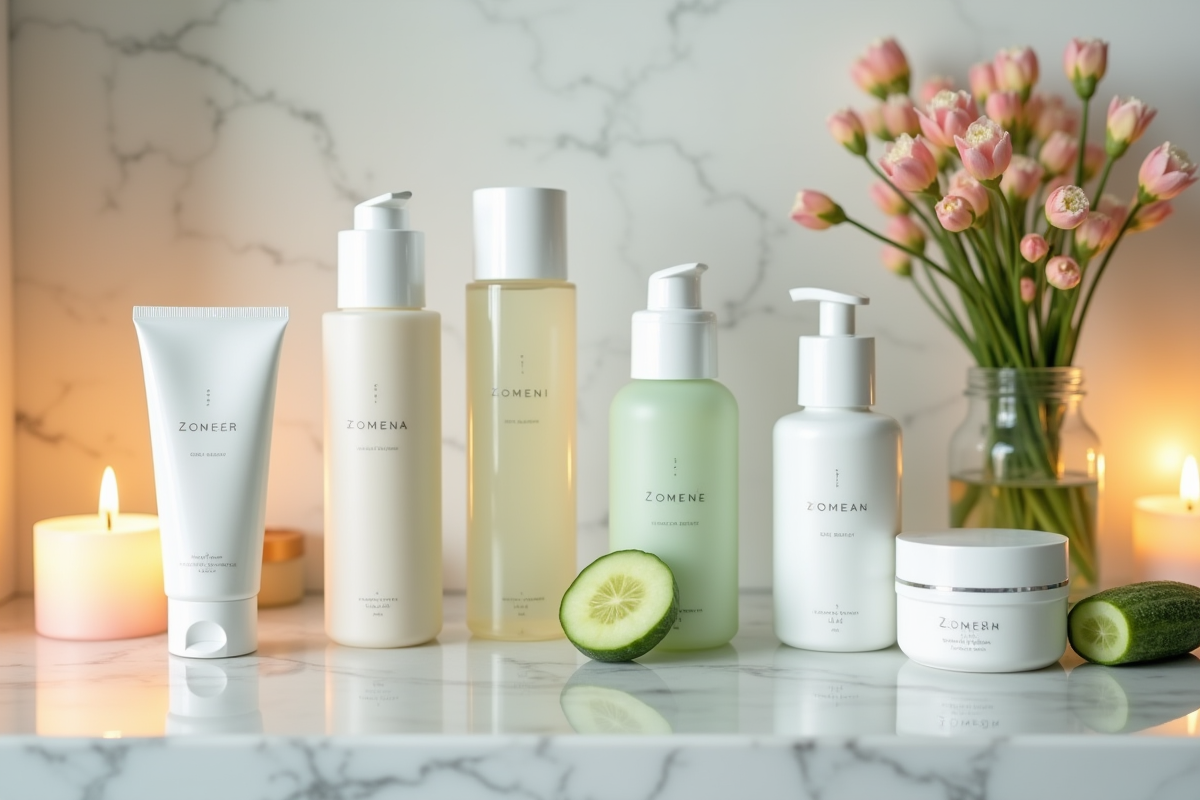 Assortiment de produits de soin coréens sur un marbre blanc