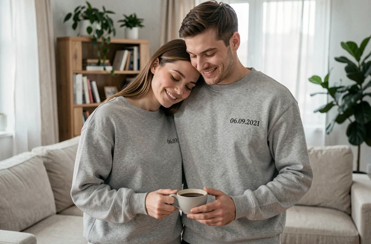 Couple en pulls personnalisés gris avec date imprimée dans un salon moderne et chaleureux, partageant un café